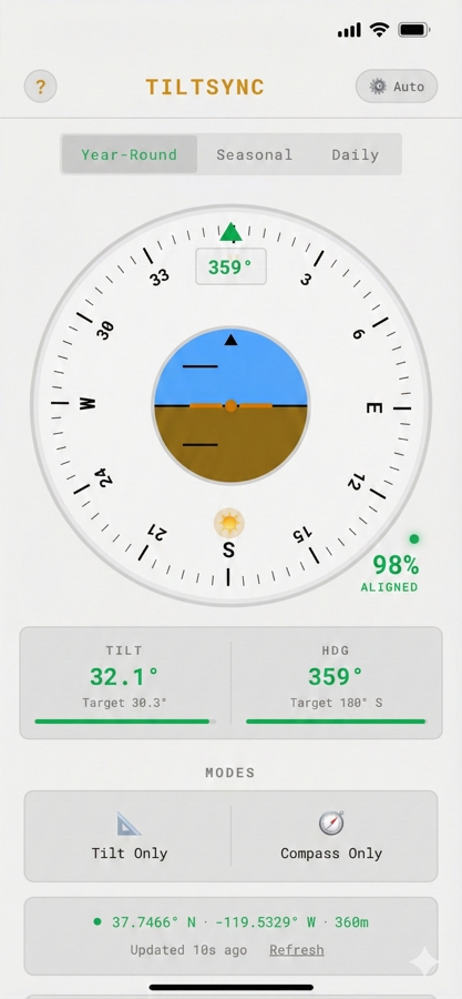 TiltSync main dashboard in dark mode showing compass and tilt alignment