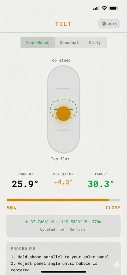 TiltSync main dashboard in light mode showing aligned state