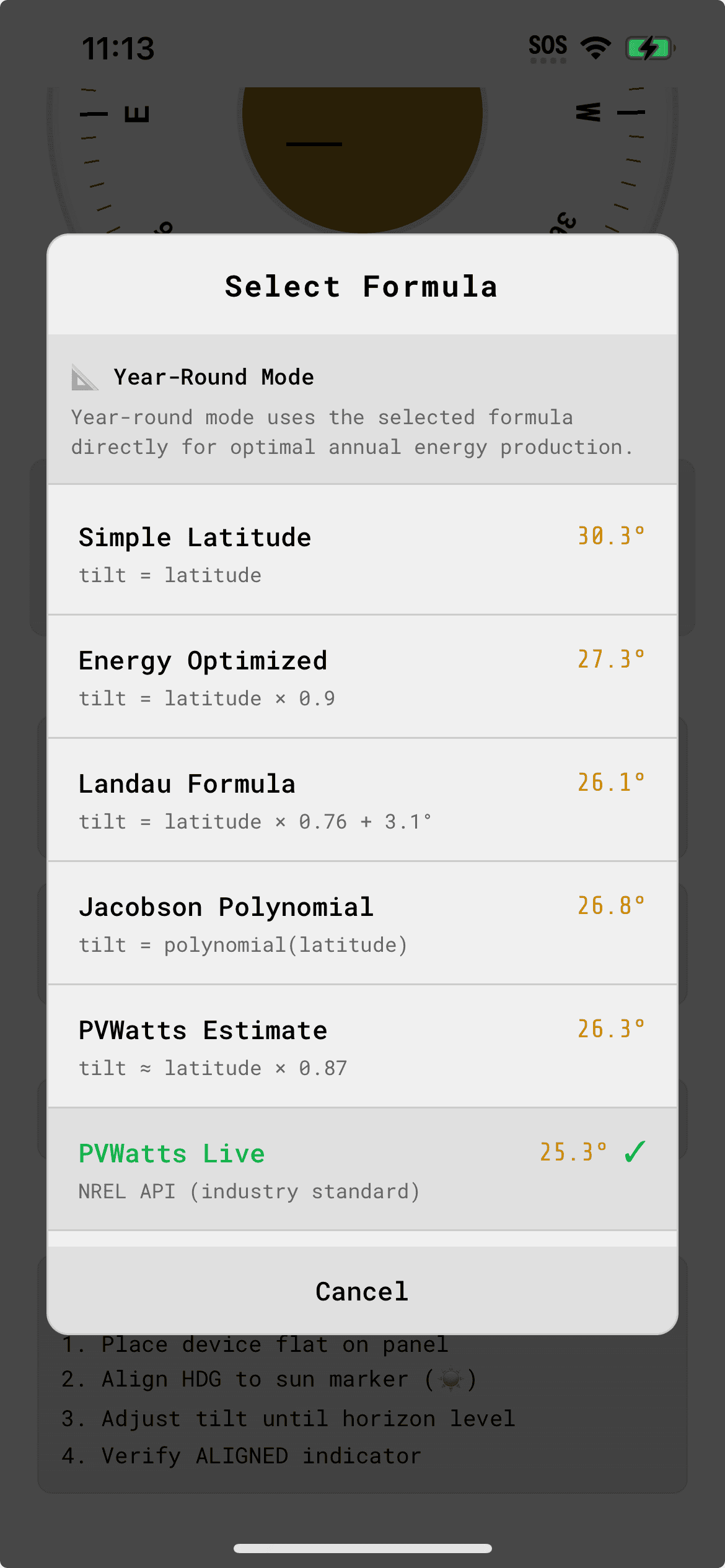 TiltSync formula selection showing all calculation methods